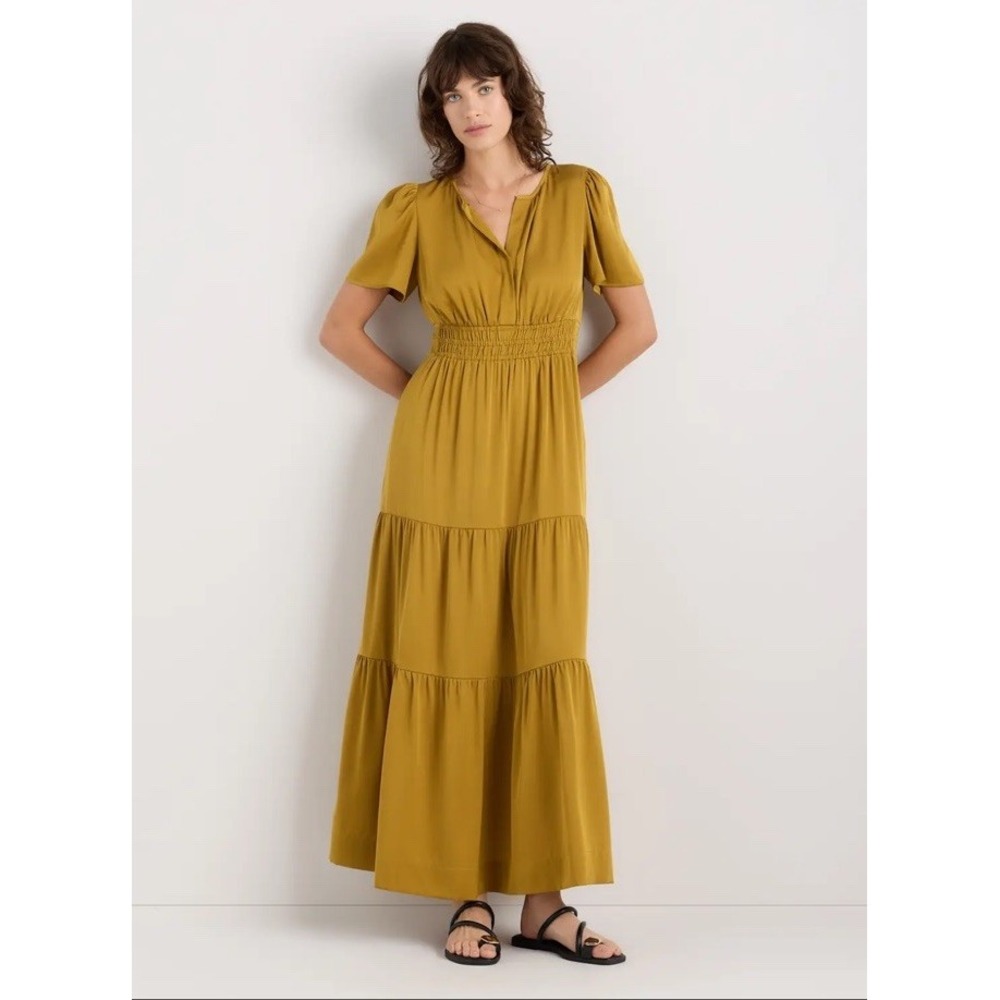 Quince NWT Washable Stretch Silk Tiered Maxi Dress Mineral Yellow Size Small